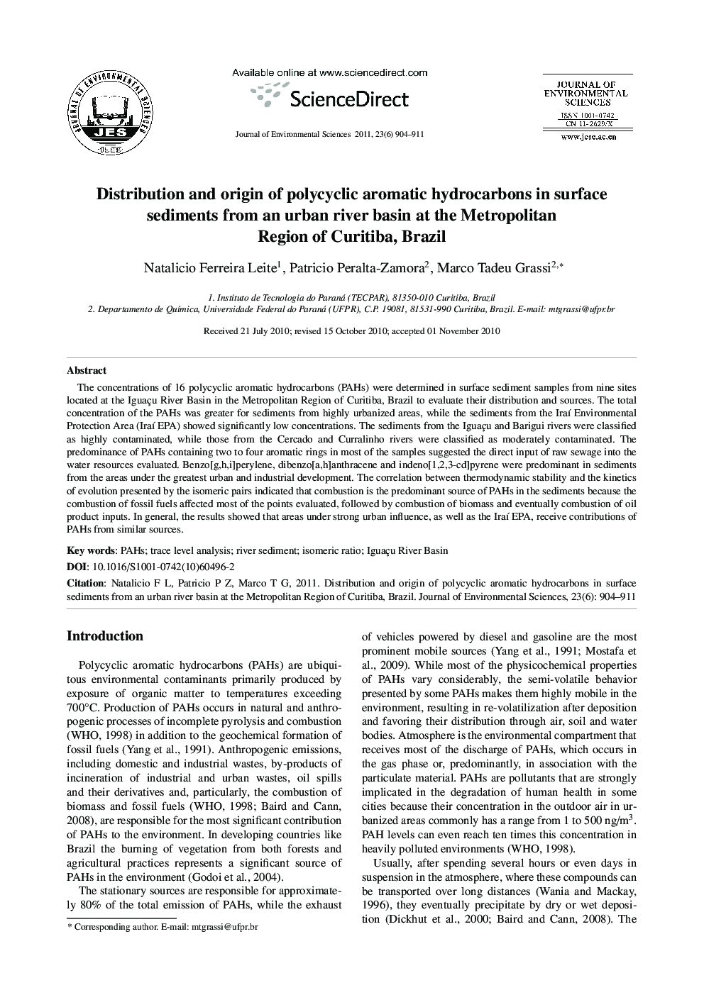 Distribution and origin of polycyclic aromatic hydrocarbons in surface sediments from an urban river basin at the Metropolitan Region of Curitiba, Brazil