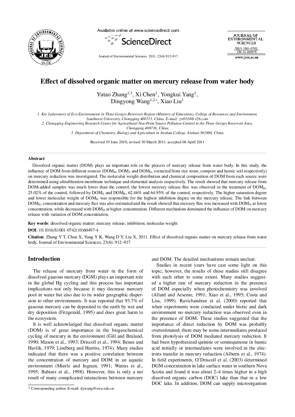 Effect of dissolved organic matter on mercury release from water body