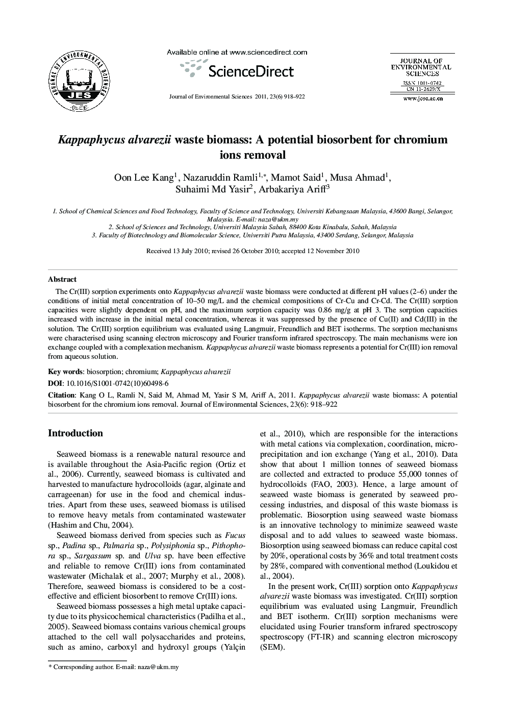 Kappaphycus alvarezii waste biomass: A potential biosorbent for chromium ions removal