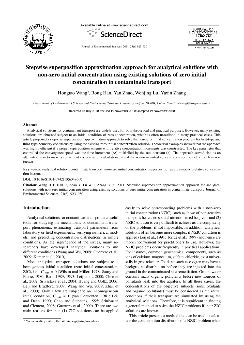 عکس صفحه اول مقاله: Stepwise superposition approximation approach for analytical solutions with non-zero initial concentration using existing solutions of zero initial concentration in contaminate transport Stepwise superposition approximation approach for analytical solutions with non-zero initial concentration using existing solutions of zero initial concentration in contaminate transport