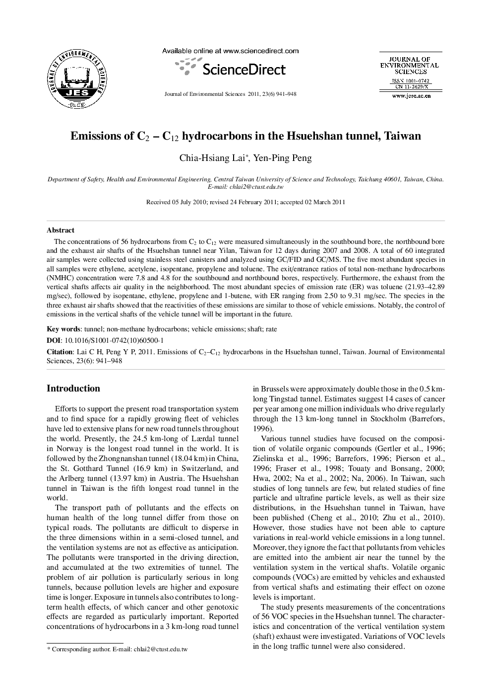 Emissions of C2 – C12 hydrocarbons in the Hsuehshan tunnel, Taiwan