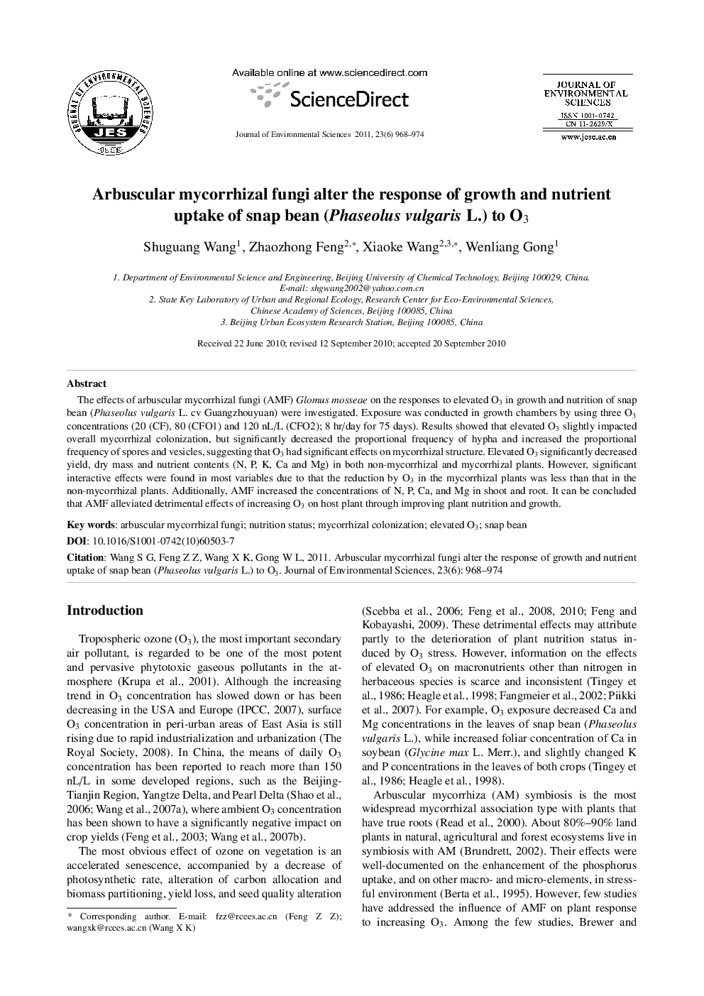 Arbuscular mycorrhizal fungi alter the response of growth and nutrient uptake of snap bean (Phaseolus vulgaris L.) to O3