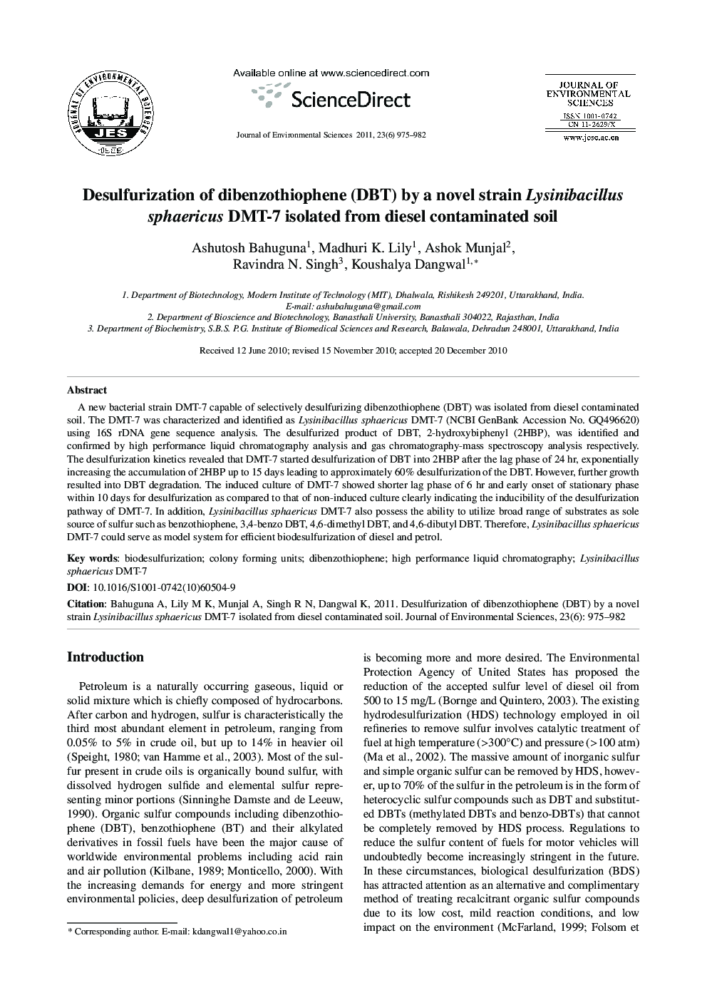 Desulfurization of dibenzothiophene (DBT) by a novel strain Lysinibacillus sphaericus DMT-7 isolated from diesel contaminated soil