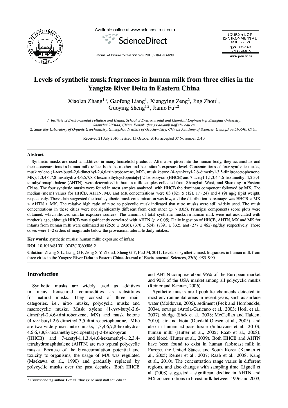 Levels of synthetic musk fragrances in human milk from three cities in the Yangtze River Delta in Eastern China