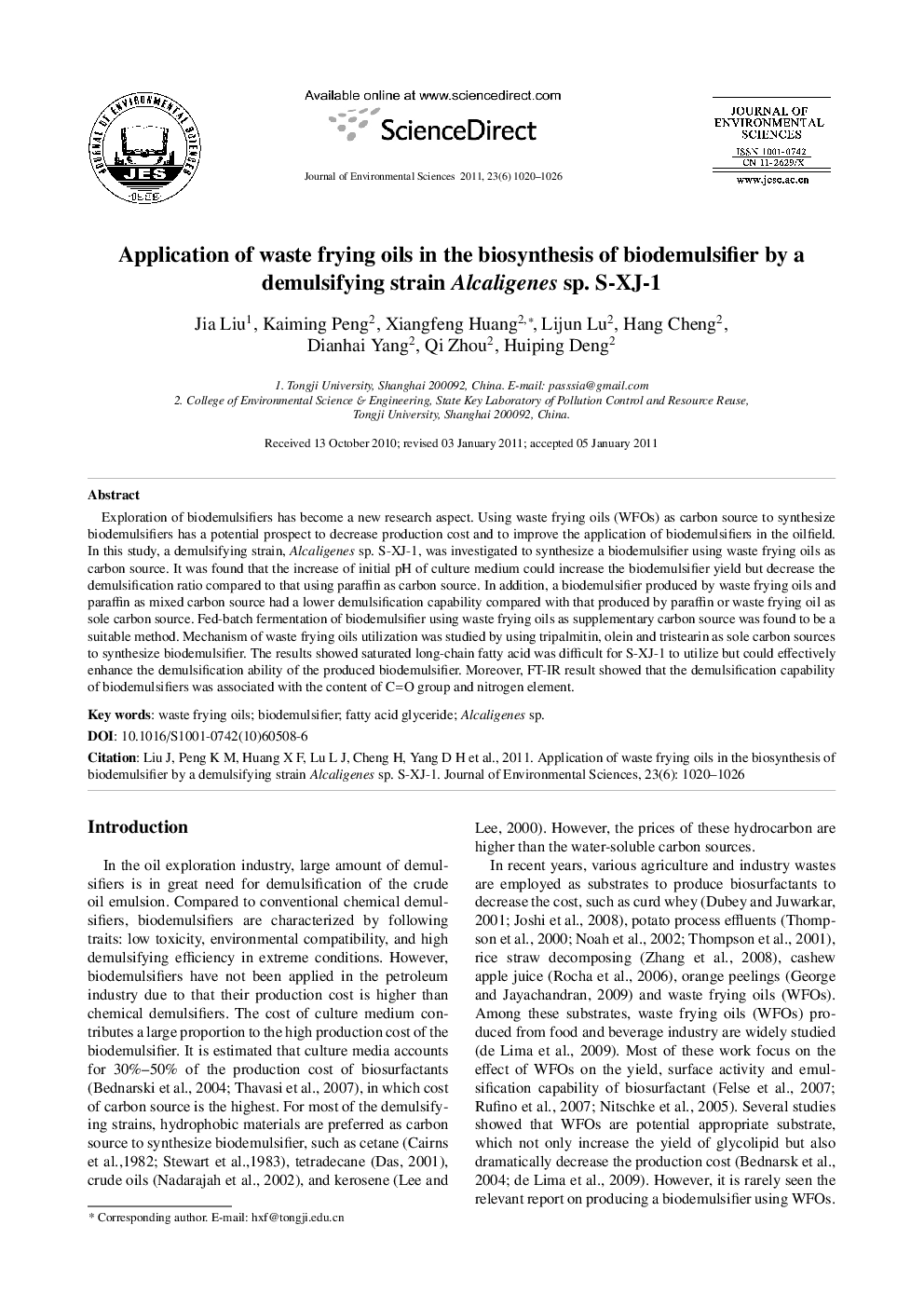 Application of waste frying oils in the biosynthesis of biodemulsifier by a demulsifying strain Alcaligenes sp. S-XJ-1