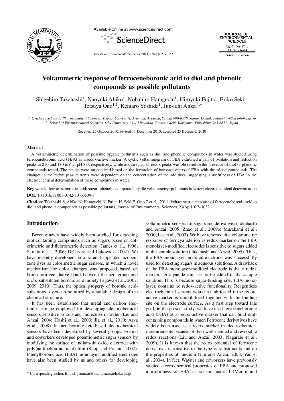 Voltammetric response of ferroceneboronic acid to diol and phenolic compounds as possible pollutants