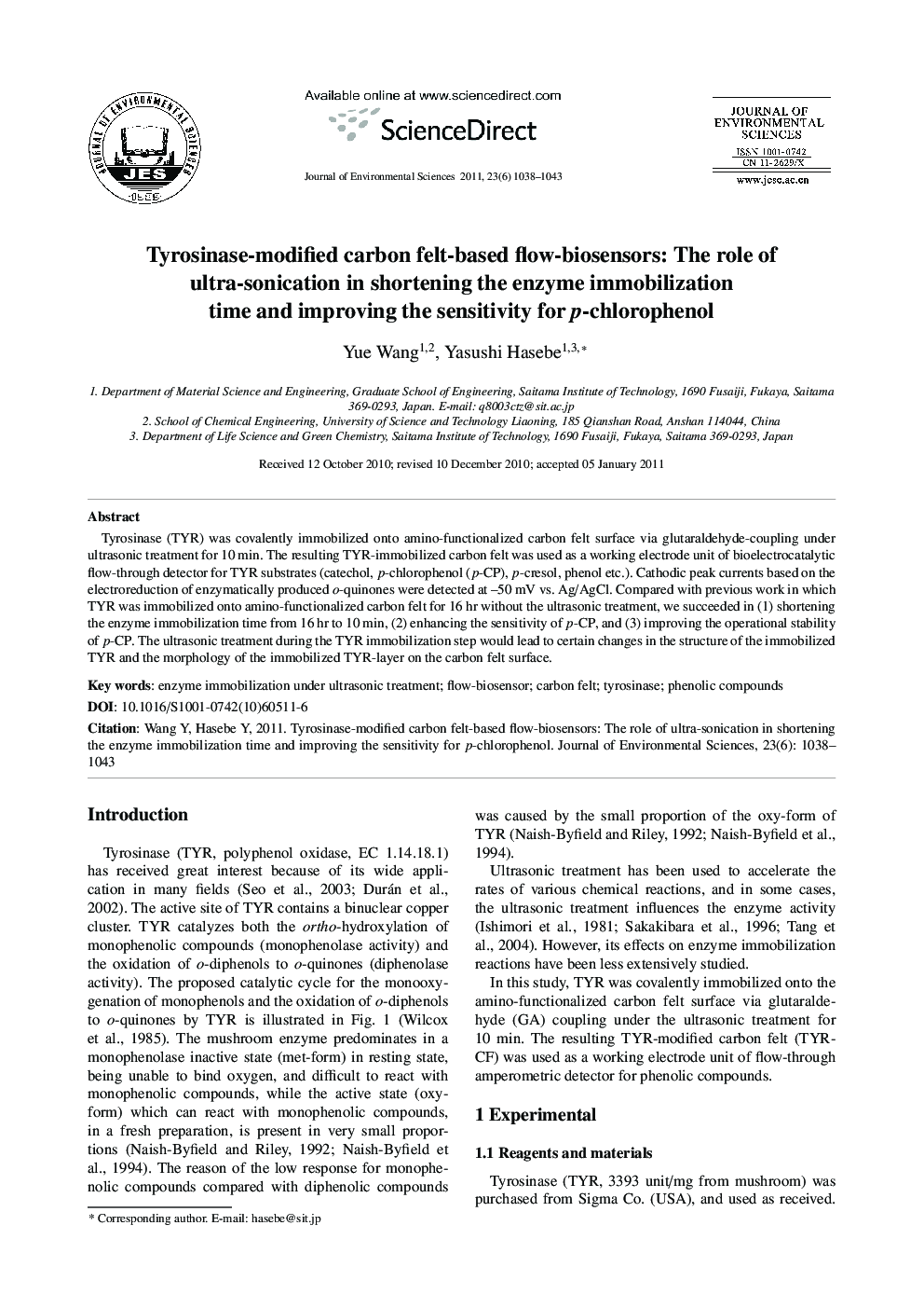 Tyrosinase-modified carbon felt-based flow-biosensors: The role of ultra-sonication in shortening the enzyme immobilization time and improving the sensitivity for p-chlorophenol