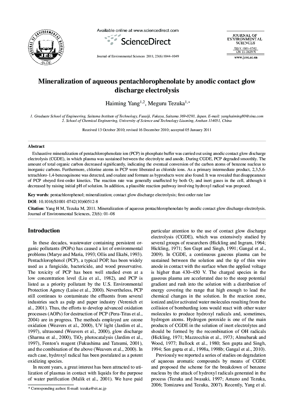 Mineralization of aqueous pentachlorophenolate by anodic contact glow discharge electrolysis