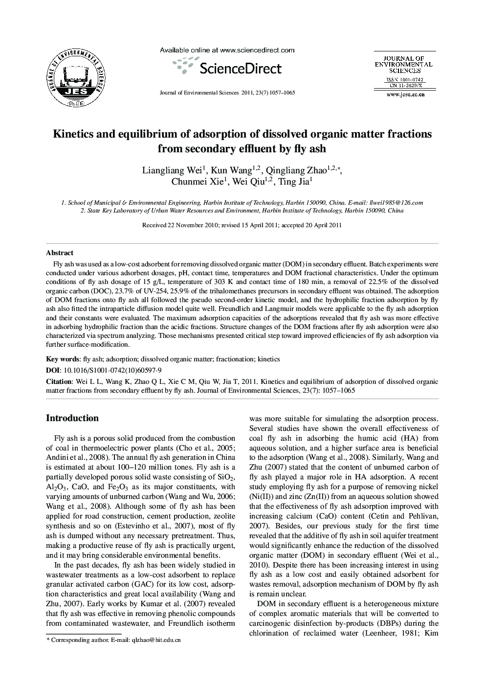 Kinetics and equilibrium of adsorption of dissolved organic matter fractions from secondary effluent by fly ash