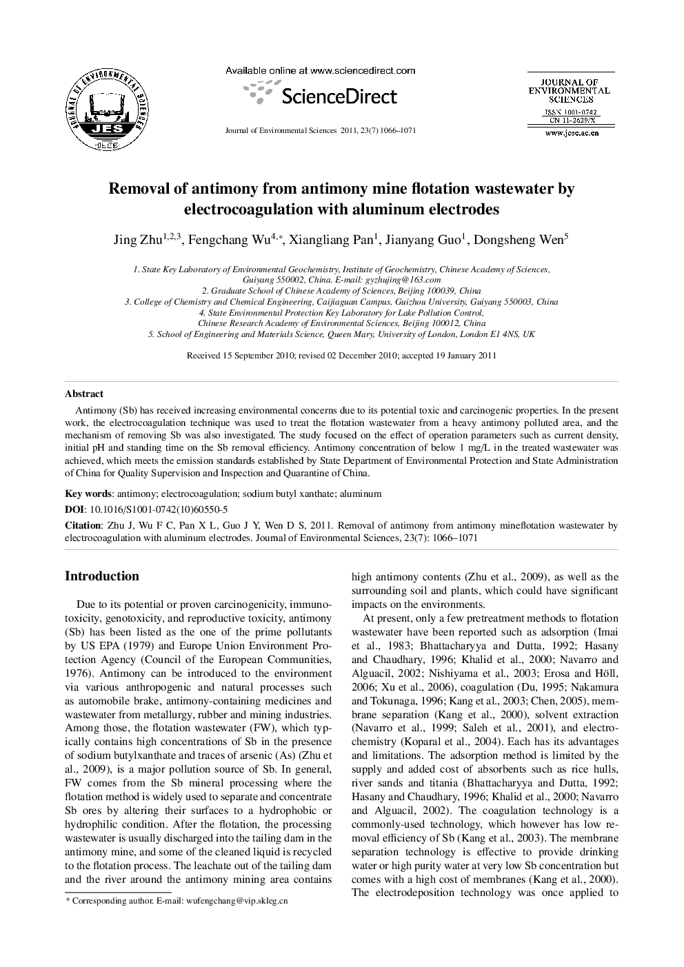 Removal of antimony from antimony mine flotation wastewater by electrocoagulation with aluminum electrodes