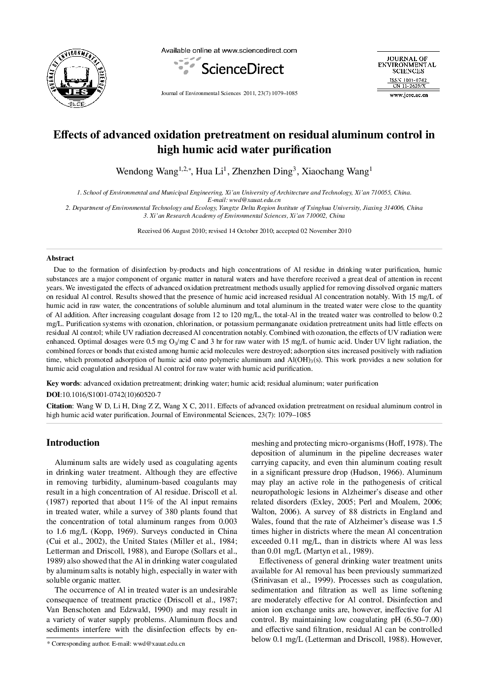 Effects of advanced oxidation pretreatment on residual aluminum control in high humic acid water purification