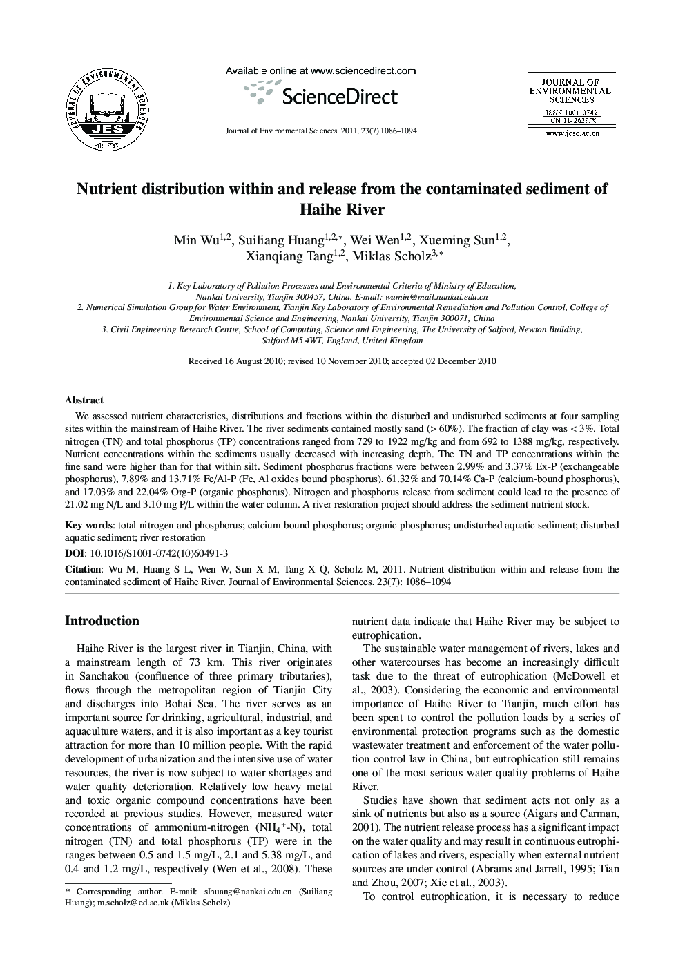 Nutrient distribution within and release from the contaminated sediment of Haihe River