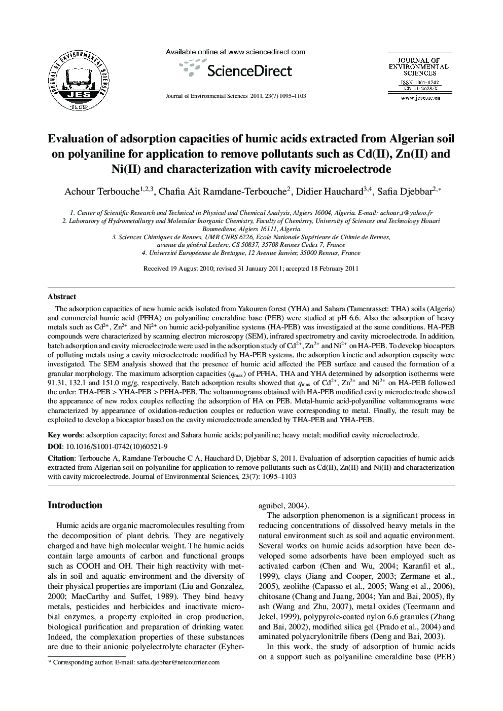 Evaluation of adsorption capacities of humic acids extracted from Algerian soil on polyaniline for application to remove pollutants such as Cd(II), Zn(II) and Ni(II) and characterization with cavity microelectrode