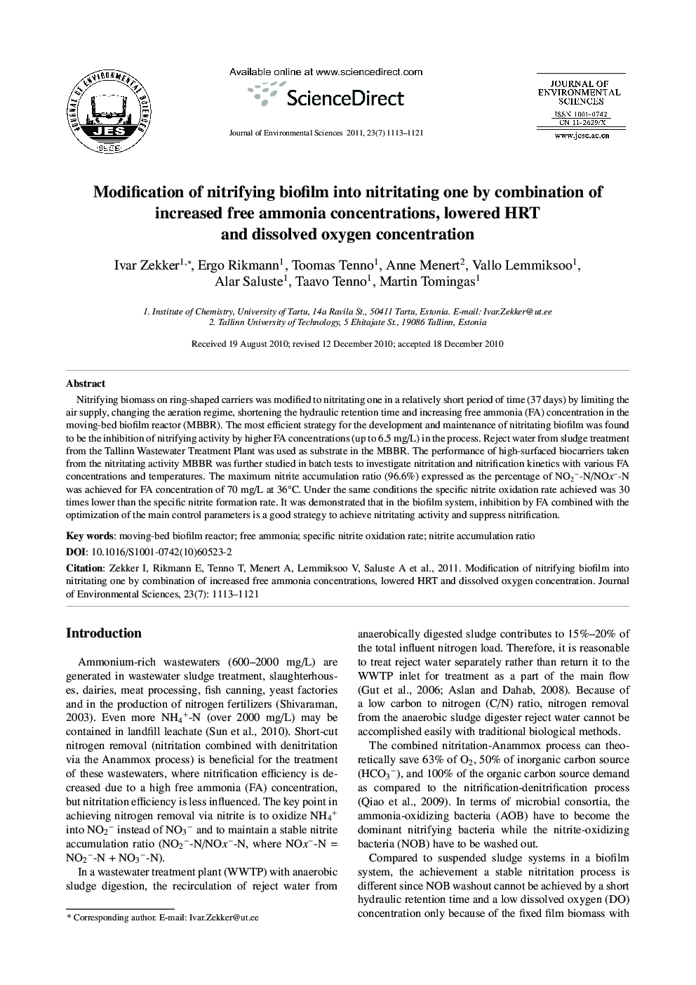 Modification of nitrifying biofilm into nitritating one by combination of increased free ammonia concentrations, lowered HRT and dissolved oxygen concentration
