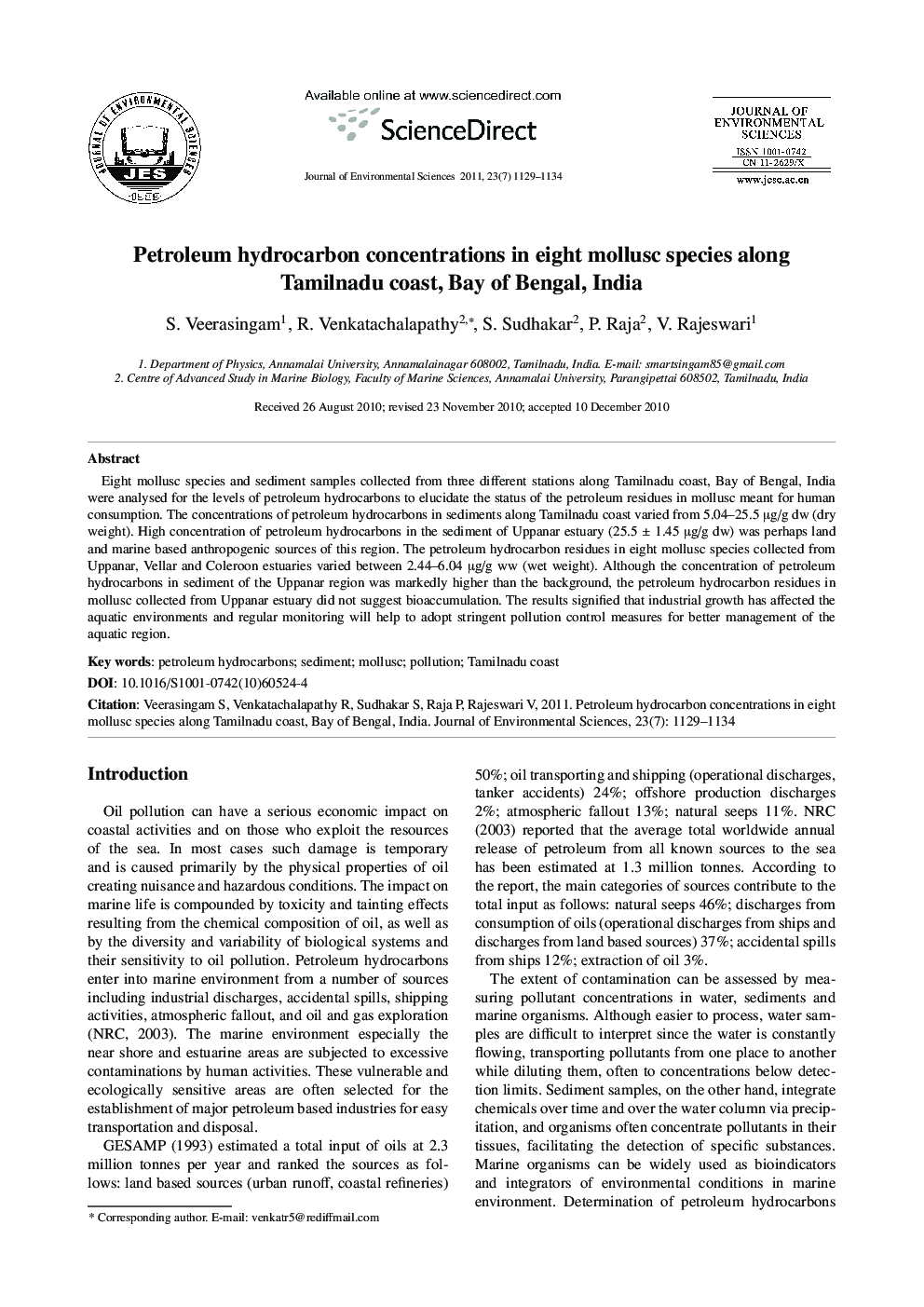 Petroleum hydrocarbon concentrations in eight mollusc species along Tamilnadu coast, Bay of Bengal, India