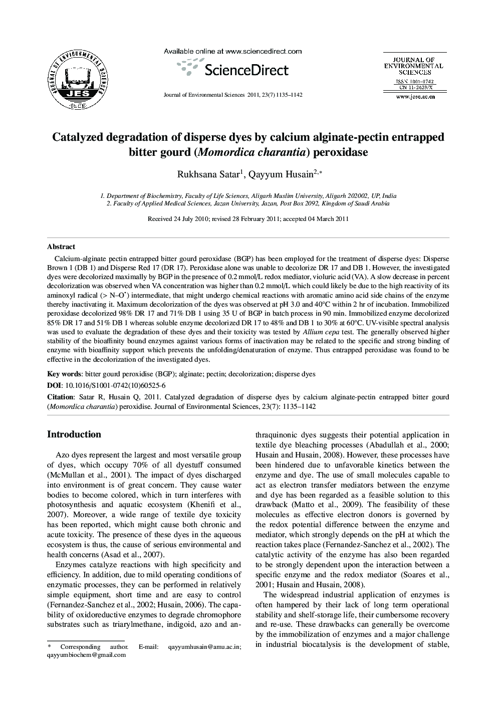 Catalyzed degradation of disperse dyes by calcium alginate-pectin entrapped bitter gourd (Momordica charantia) peroxidase
