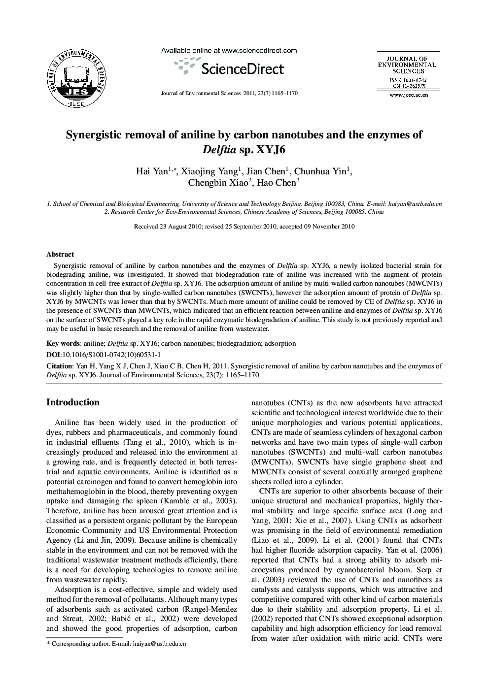Synergistic removal of aniline by carbon nanotubes and the enzymes of Delftia sp. XYJ6