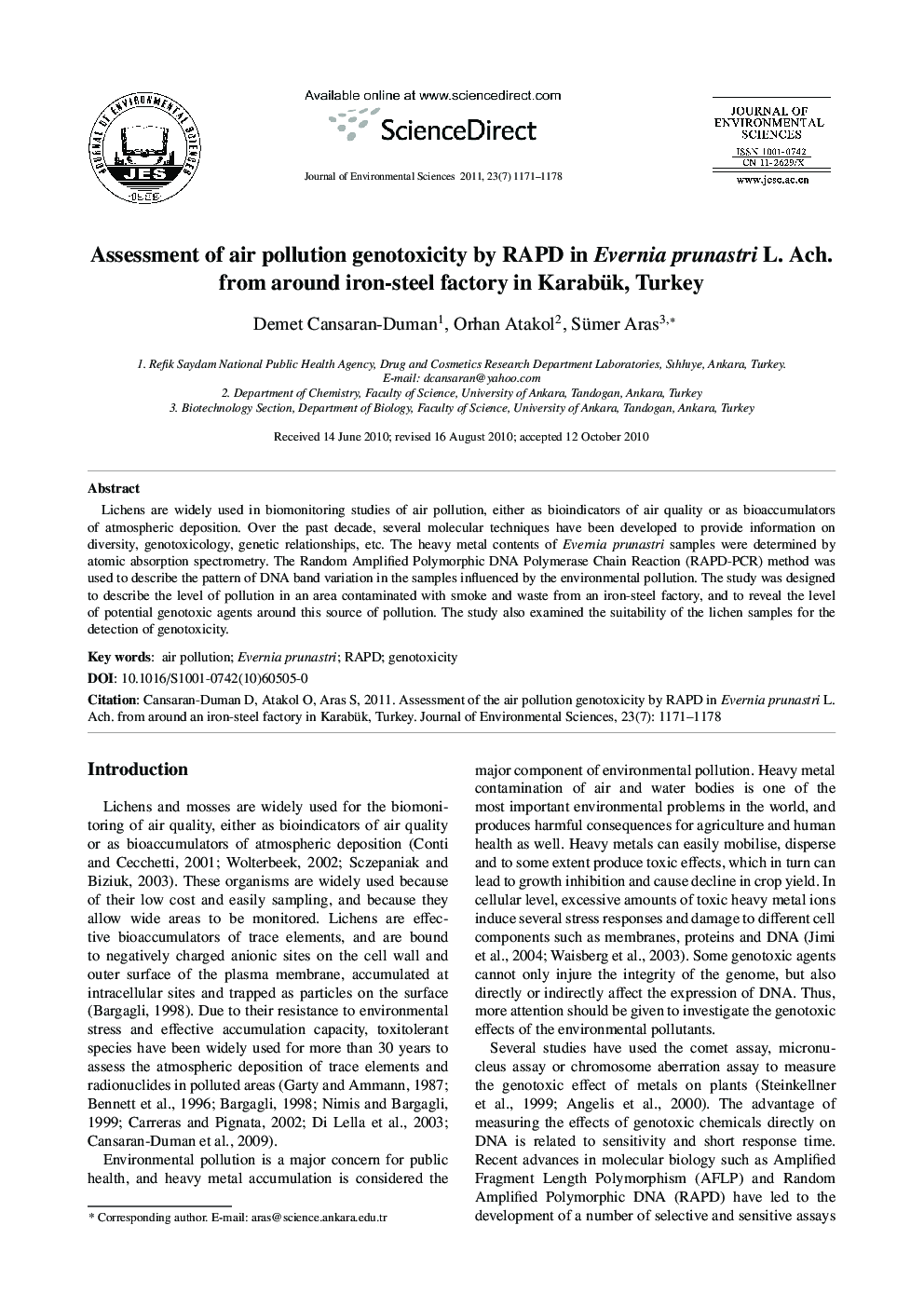 Assessment of air pollution genotoxicity by RAPD in Evernia prunastri L. Ach. from around iron-steel factory in Karabük, Turkey
