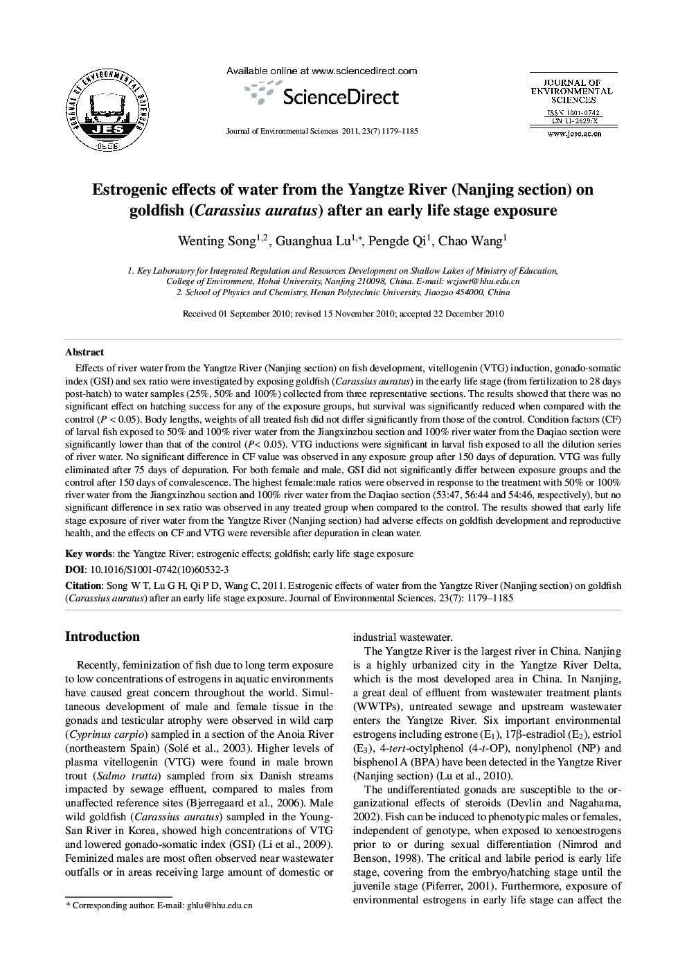 Estrogenic effects of water from the Yangtze River (Nanjing section) on goldfish (Carassius auratus) after an early life stage exposure