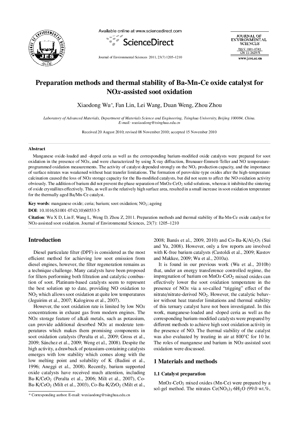 Preparation methods and thermal stability of Ba-Mn-Ce oxide catalyst for NOx-assisted soot oxidation