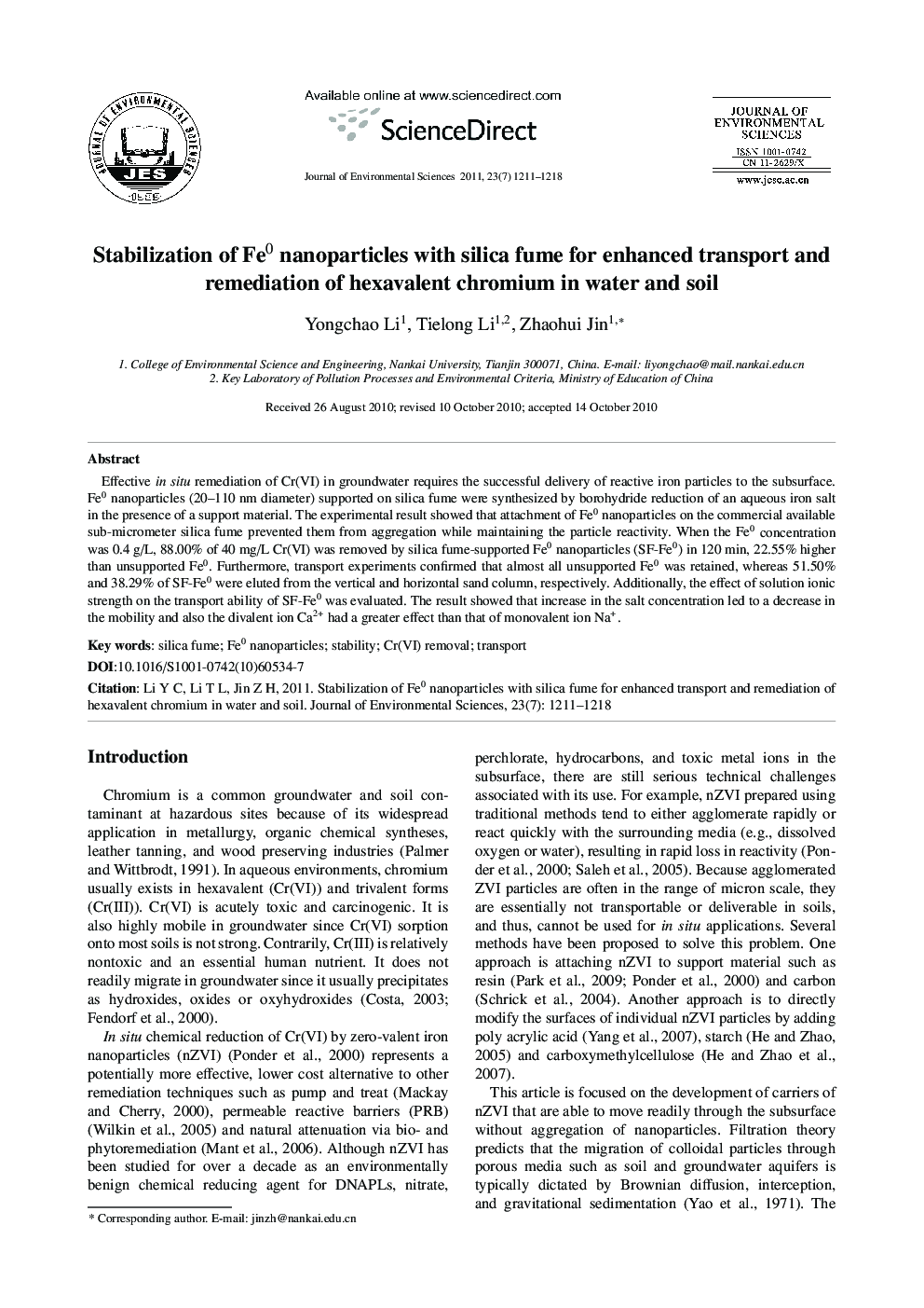 Stabilization of Fe0 nanoparticles with silica fume for enhanced transport and remediation of hexavalent chromium in water and soil