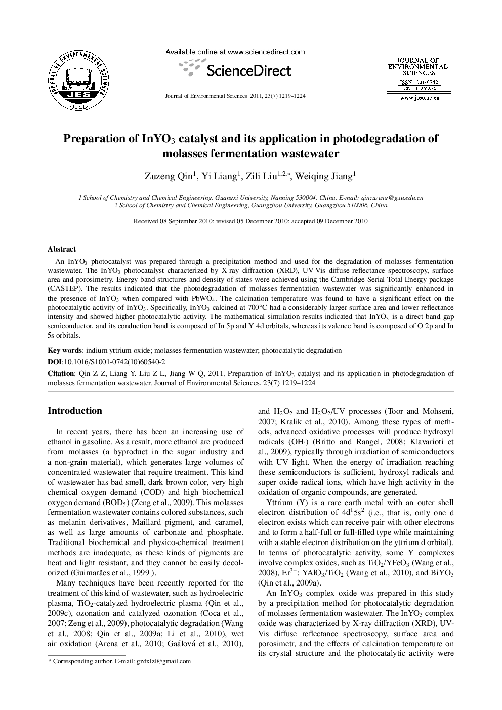 Preparation of InYO3 catalyst and its application in photodegradation of molasses fermentation wastewater