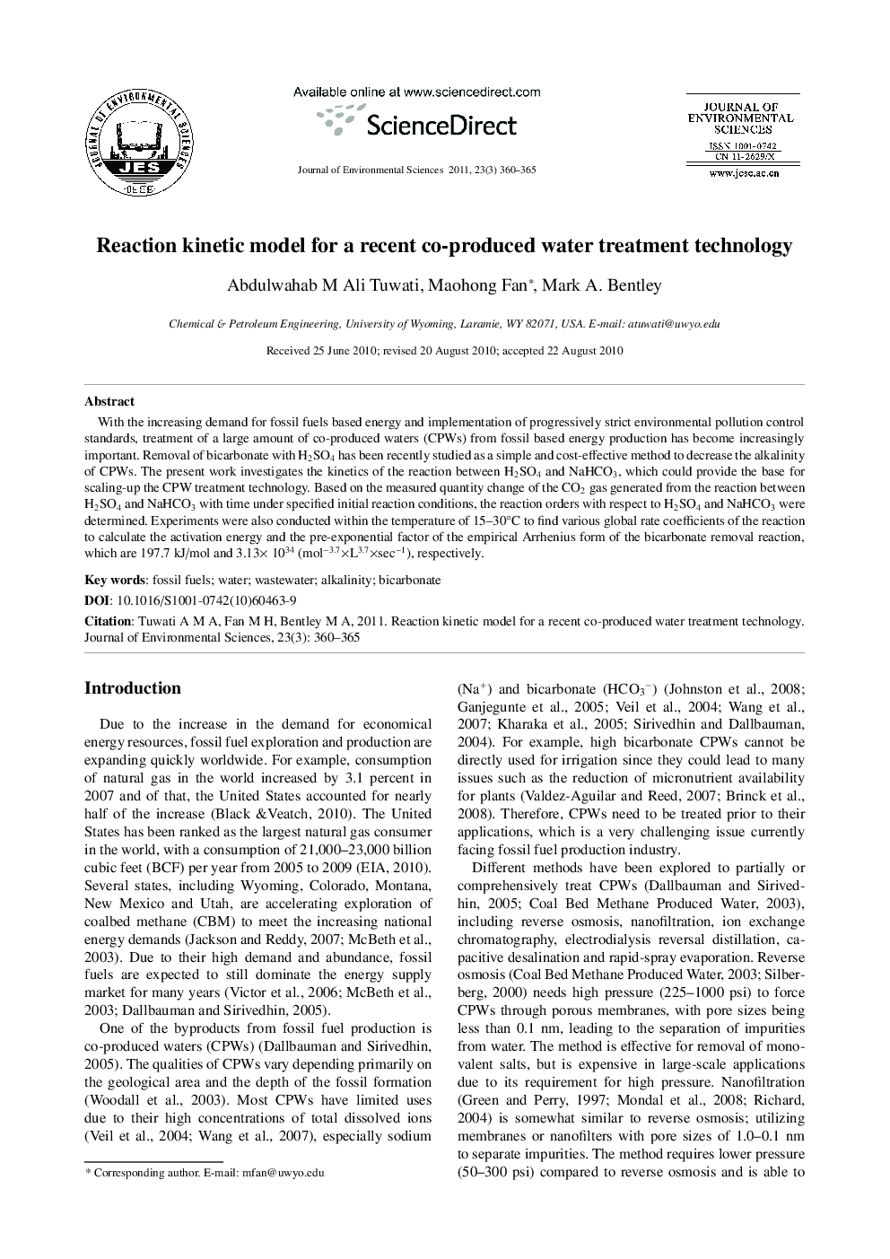 Reaction kinetic model for a recent co-produced water treatment technology