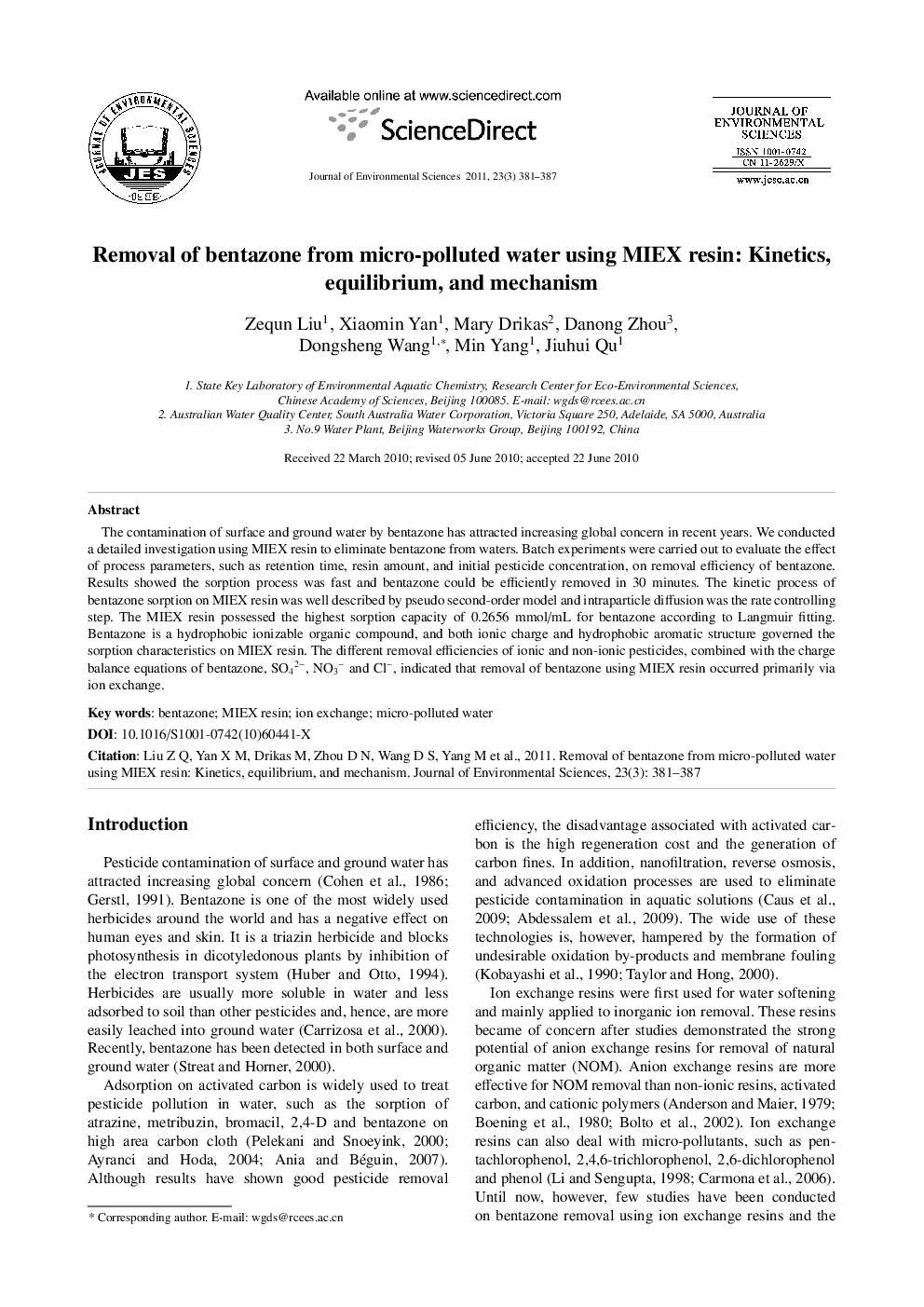 Removal of bentazone from micro-polluted water using MIEX resin: Kinetics, equilibrium, and mechanism