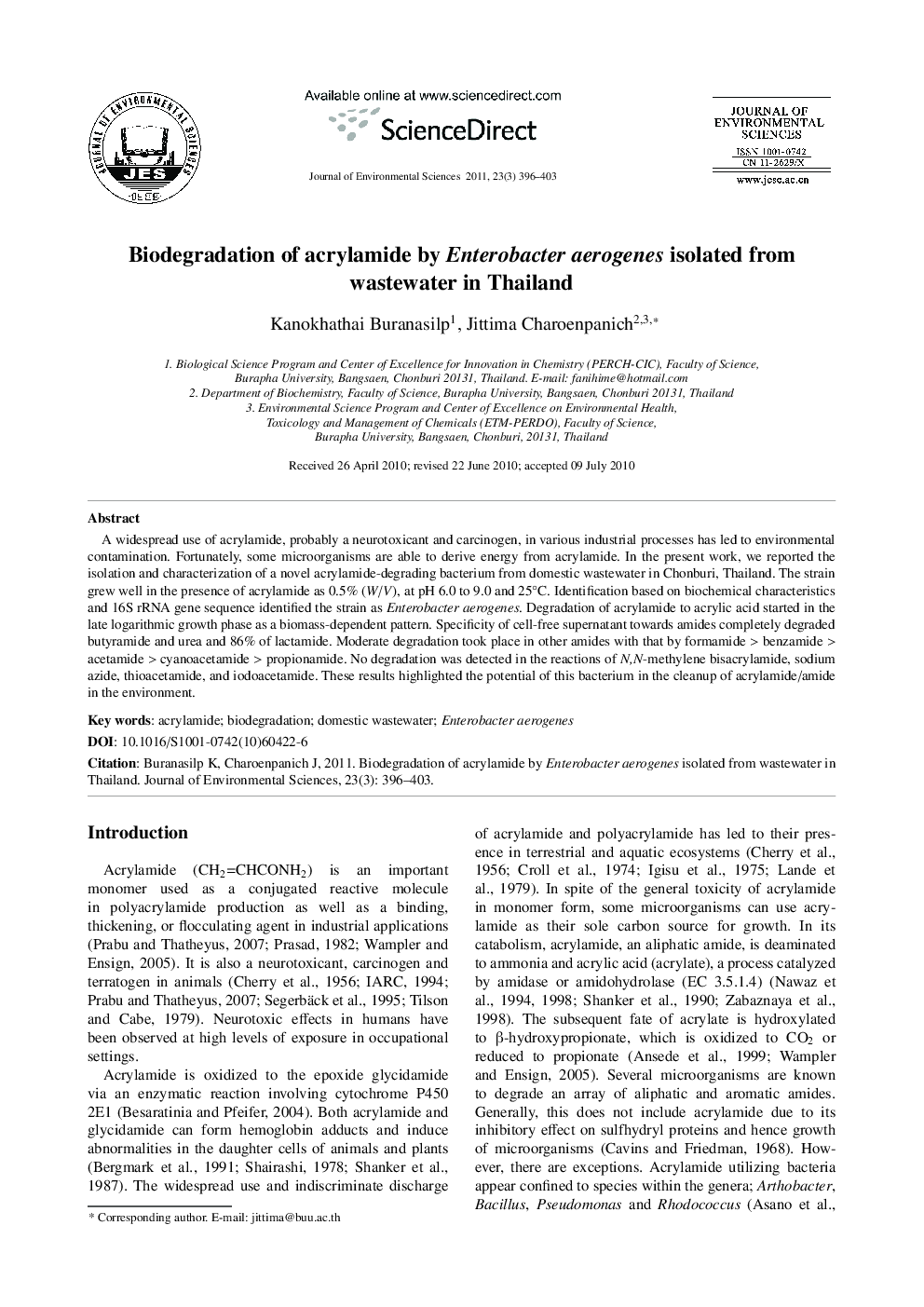 Biodegradation of acrylamide by Enterobacter aerogenes isolated from wastewater in Thailand