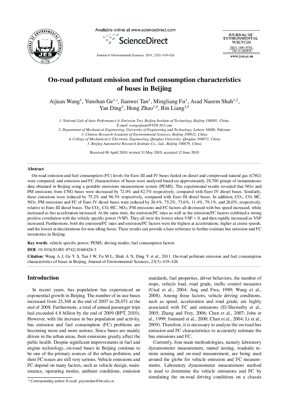 On-road pollutant emission and fuel consumption characteristics of buses in Beijing