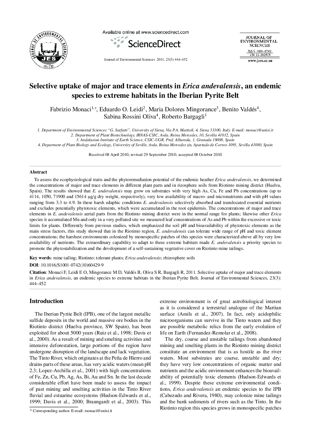 Selective uptake of major and trace elements in Erica andevalensis, an endemic species to extreme habitats in the Iberian Pyrite Belt