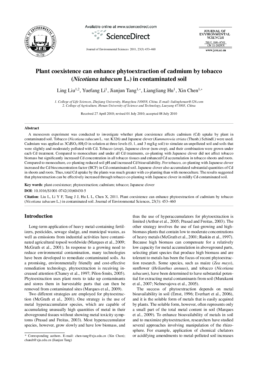 Plant coexistence can enhance phytoextraction of cadmium by tobacco (Nicotiana tabacum L.) in contaminated soil