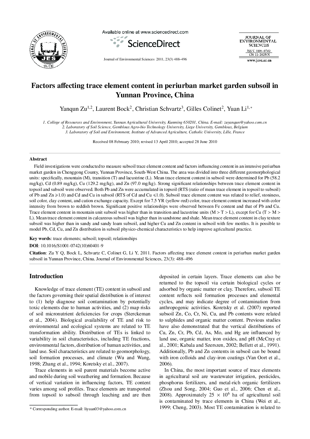 Factors affecting trace element content in periurban market garden subsoil in Yunnan Province, China