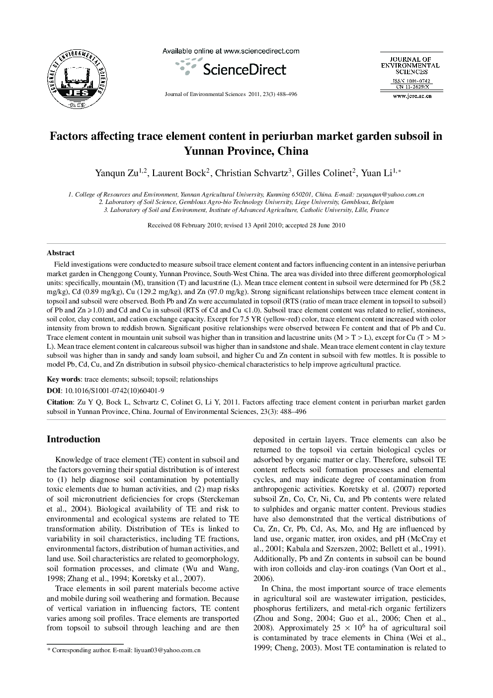 Factors affecting trace element content in periurban market garden subsoil in Yunnan Province, China