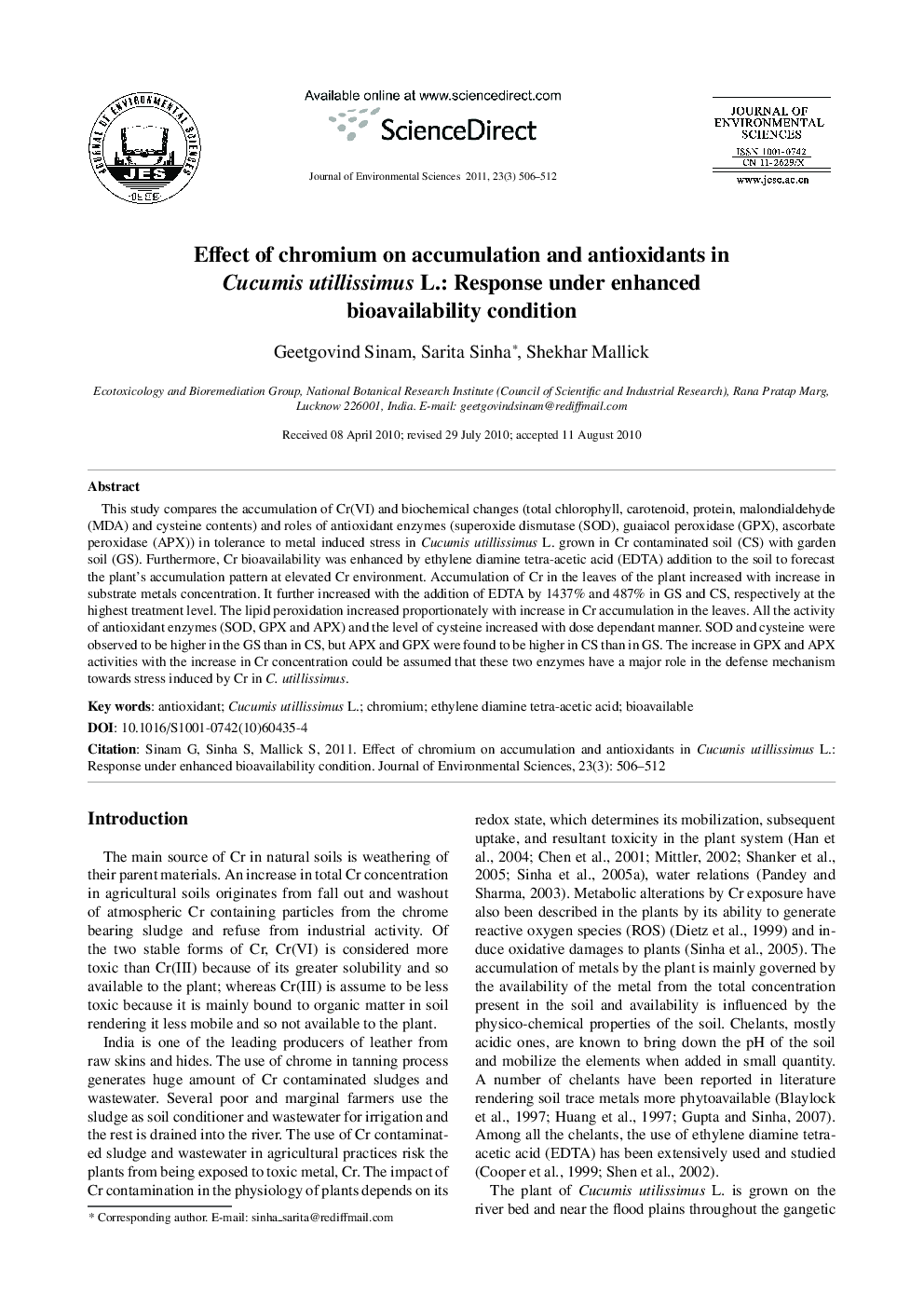 Effect of chromium on accumulation and antioxidants in Cucumis utillissimus L.: Response under enhanced bioavailability condition