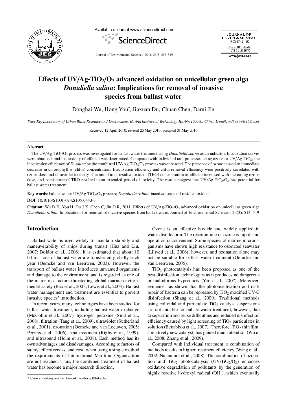 Effects of UV/Ag-TiO2/O3 advanced oxidation on unicellular green alga Dunaliella salina: Implications for removal of invasive species from ballast water