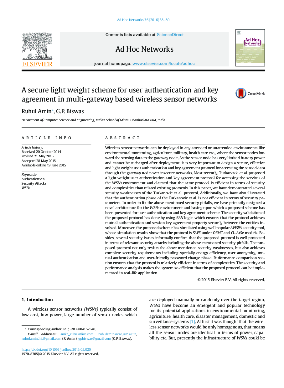 A secure light weight scheme for user authentication and key agreement in multi-gateway based wireless sensor networks