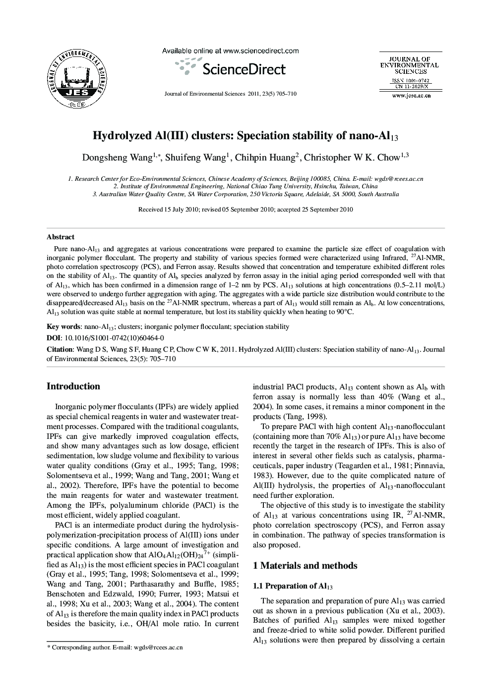 Hydrolyzed Al(III) clusters: Speciation stability of nano-Al13