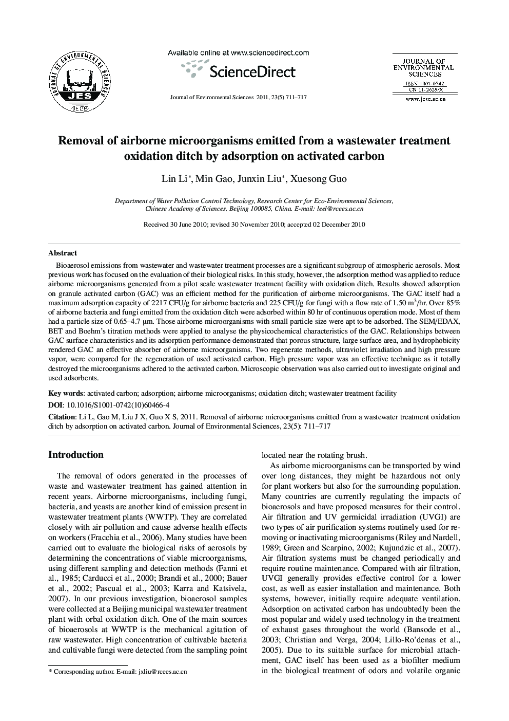 Removal of airborne microorganisms emitted from a wastewater treatment oxidation ditch by adsorption on activated carbon