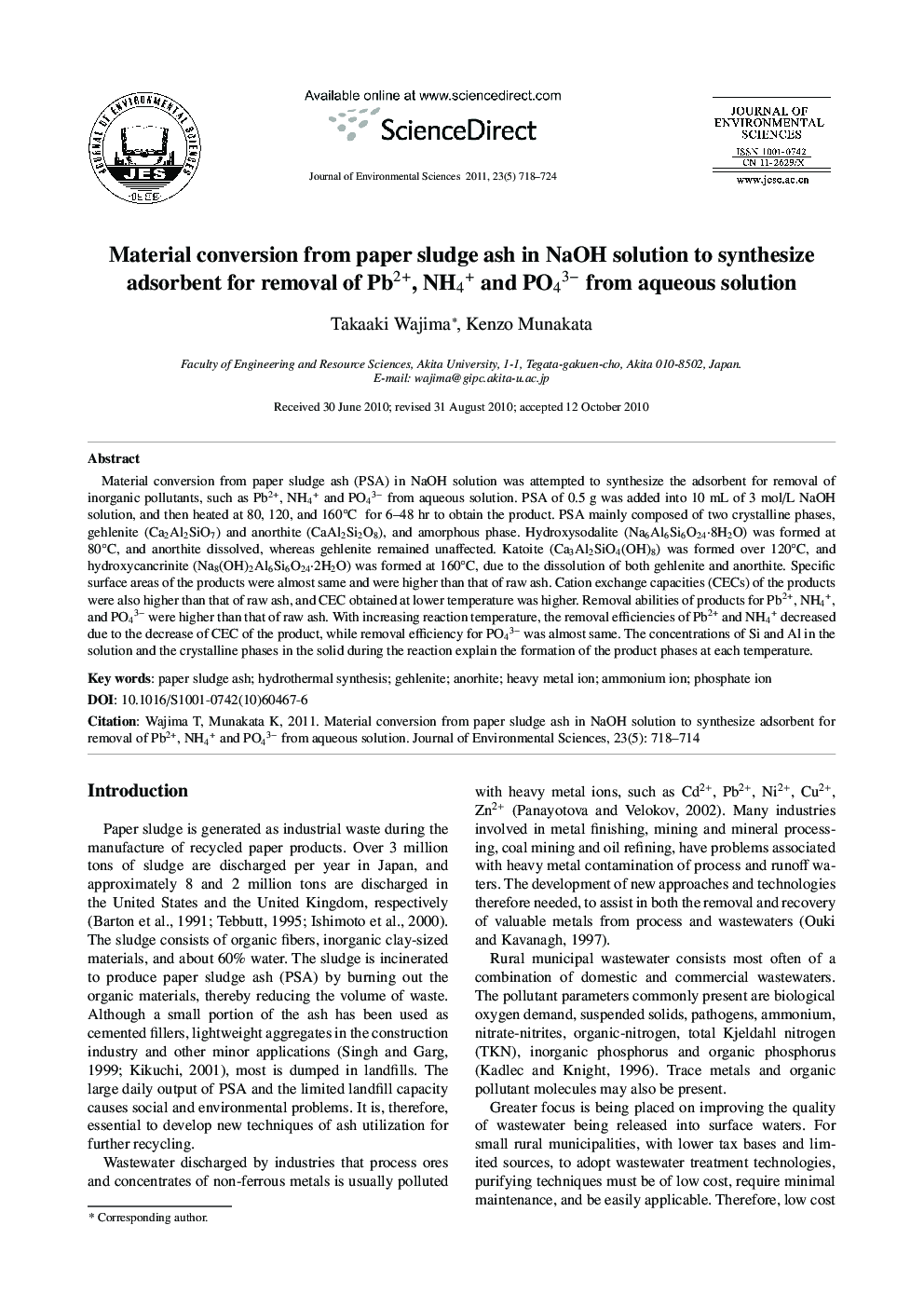 Material conversion from paper sludge ash in NaOH solution to synthesize adsorbent for removal of Pb2+, NH4+ and PO43− from aqueous solution