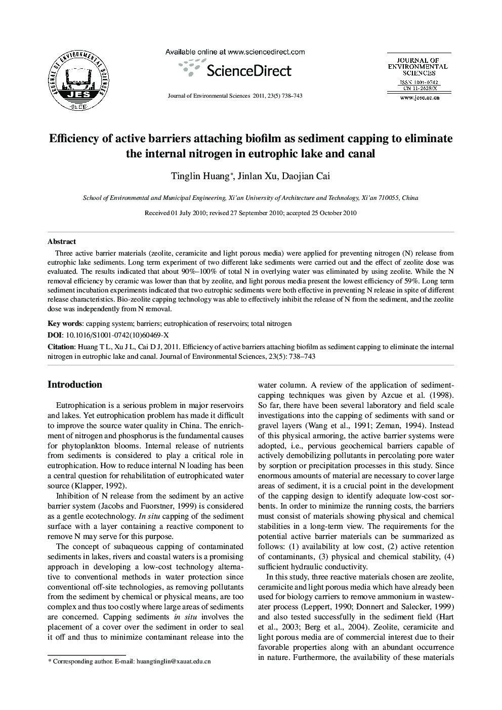 Efficiency of active barriers attaching biofilm as sediment capping to eliminate the internal nitrogen in eutrophic lake and canal
