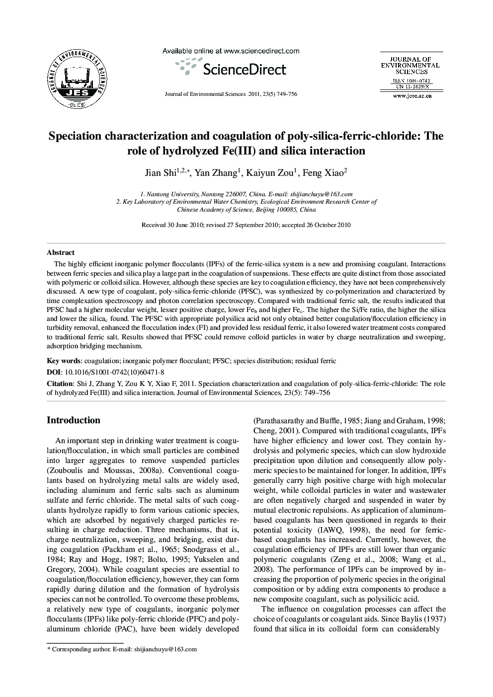 Speciation characterization and coagulation of poly-silica-ferric-chloride: The role of hydrolyzed Fe(III) and silica interaction