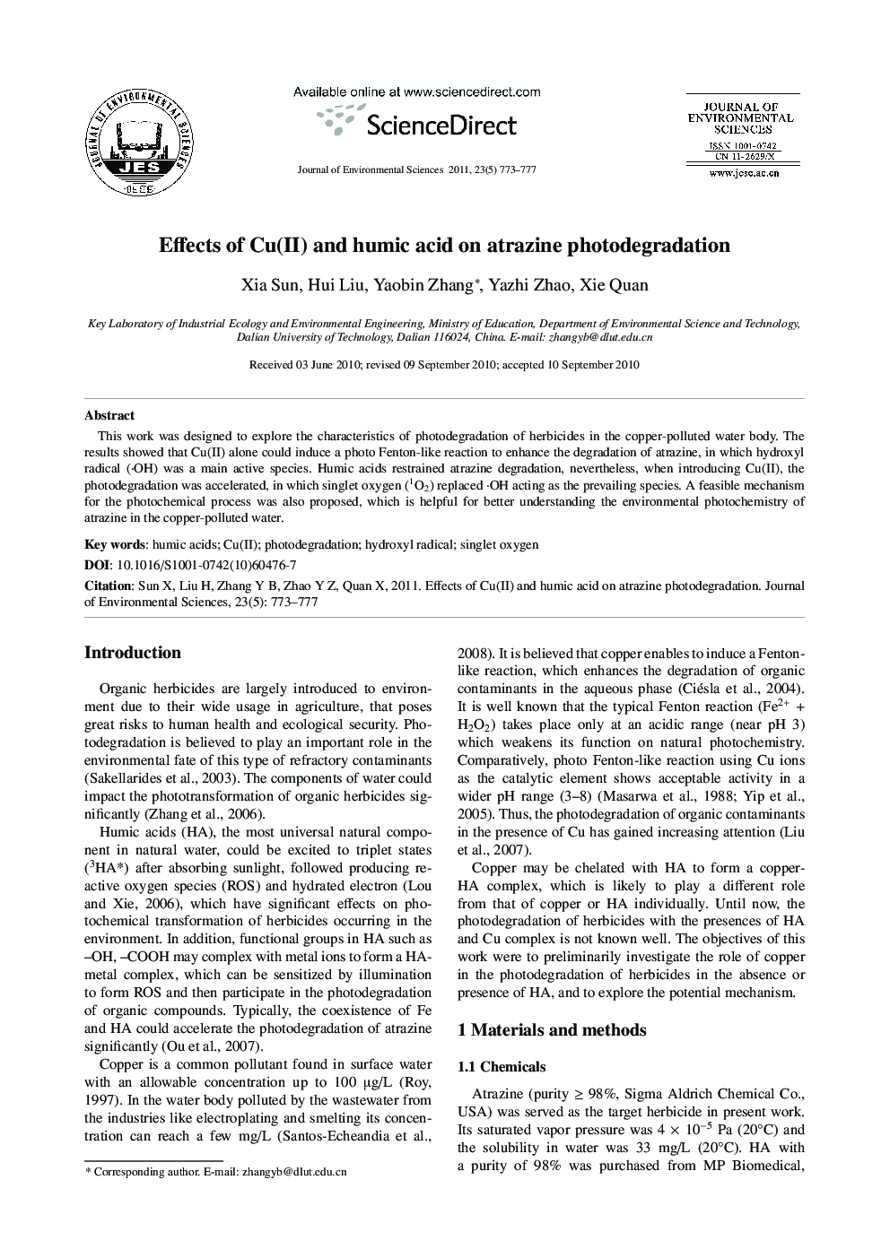 Effects of Cu(II) and humic acid on atrazine photodegradation