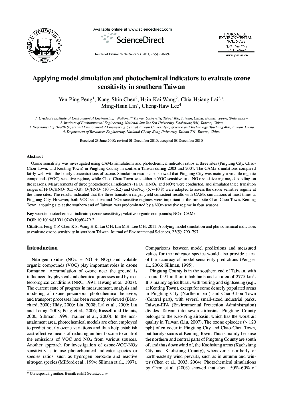 Applying model simulation and photochemical indicators to evaluate ozone sensitivity in southern Taiwan