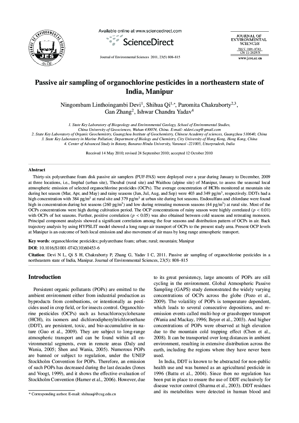 Passive air sampling of organochlorine pesticides in a northeastern state of India, Manipur