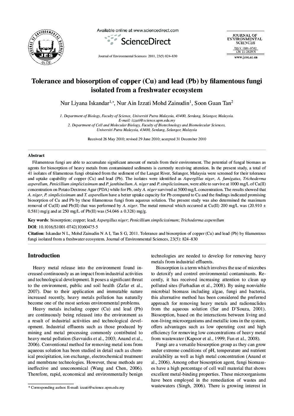 Tolerance and biosorption of copper (Cu) and lead (Pb) by filamentous fungi isolated from a freshwater ecosystem
