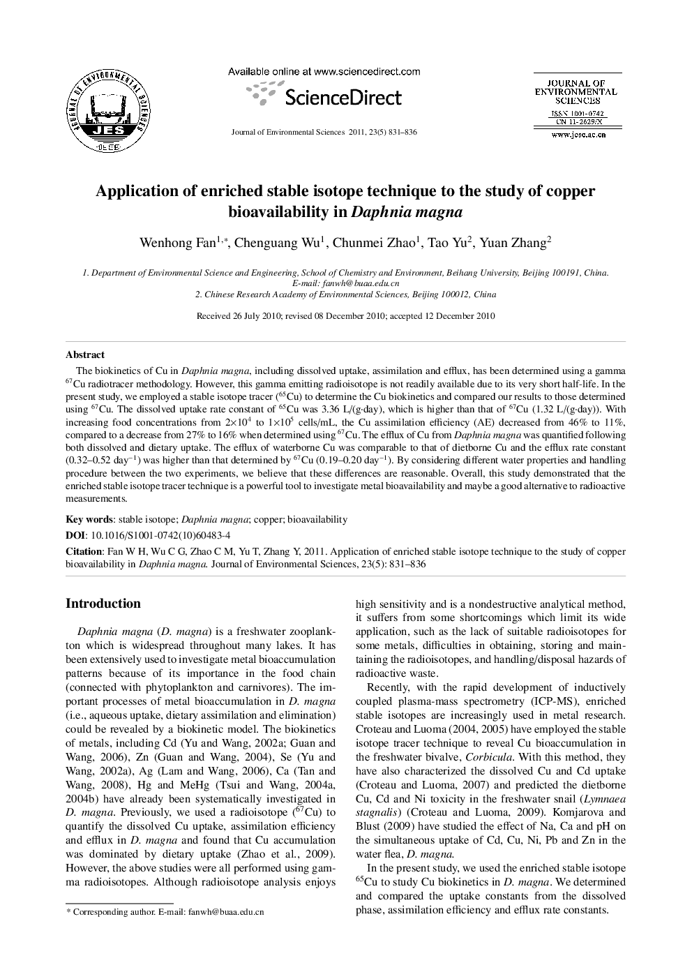 Application of enriched stable isotope technique to the study of copper bioavailability in Daphnia magna