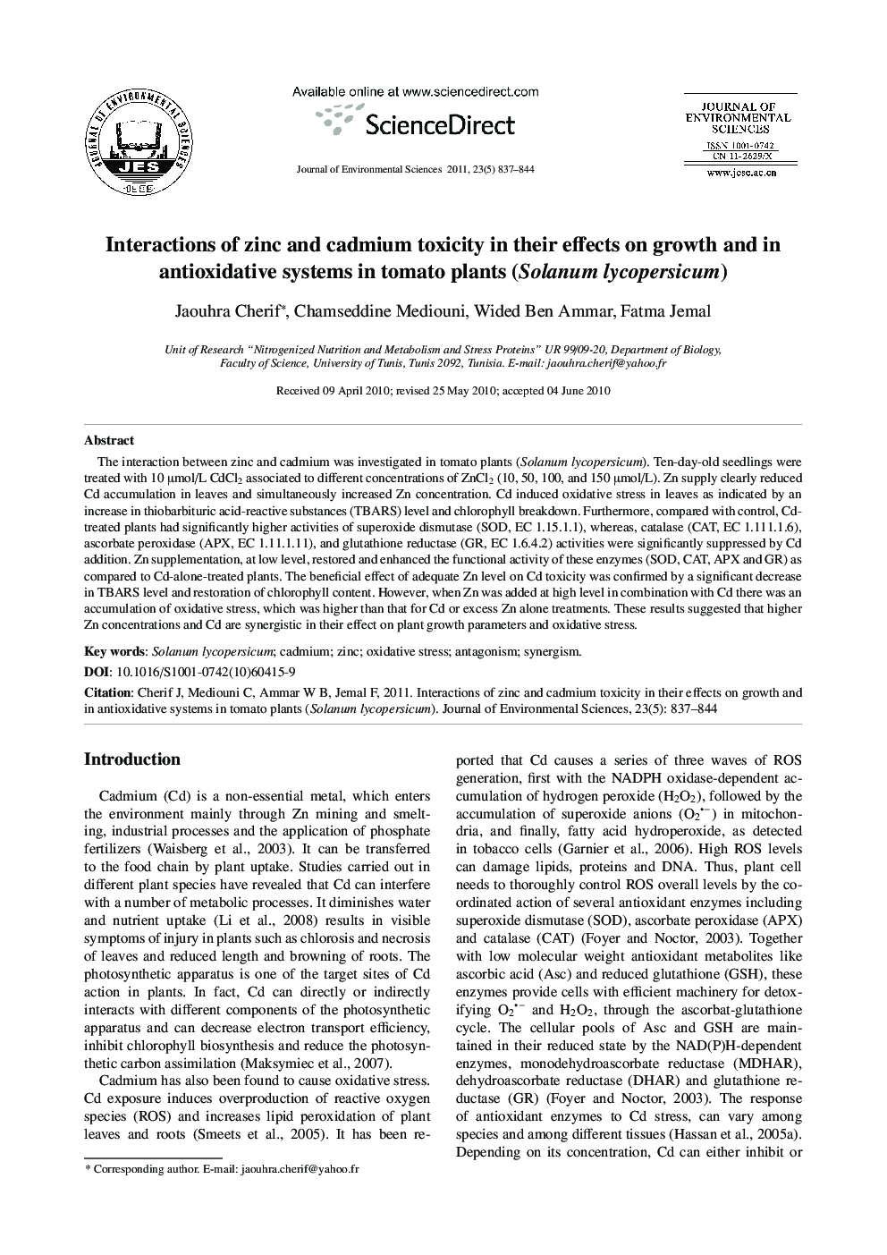 Interactions of zinc and cadmium toxicity in their effects on growth and in antioxidative systems in tomato plants (Solarium lycopersicum)