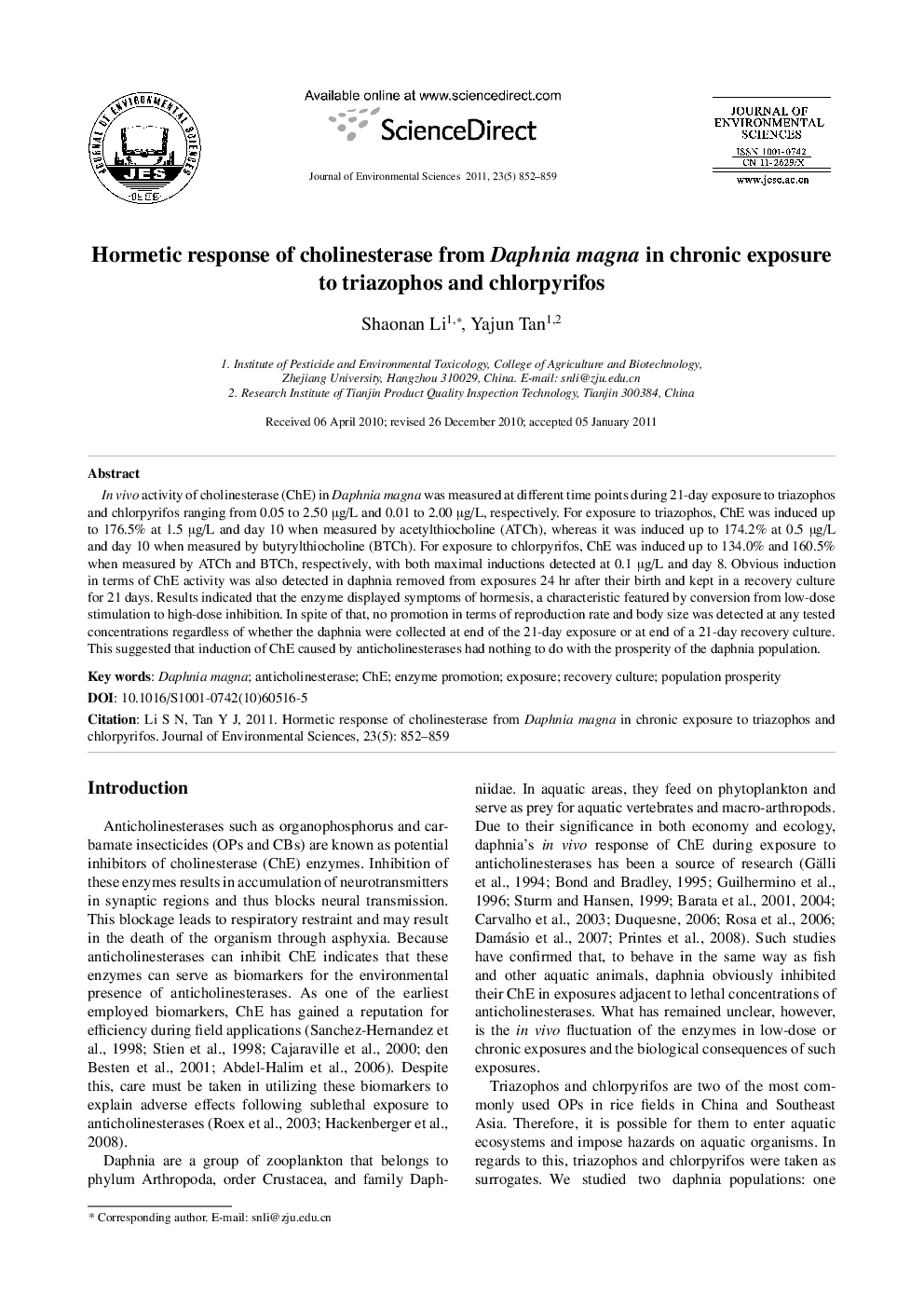 Hormetic response of cholinesterase from Daphnia magna in chronic exposure to triazophos and chlorpyrifos