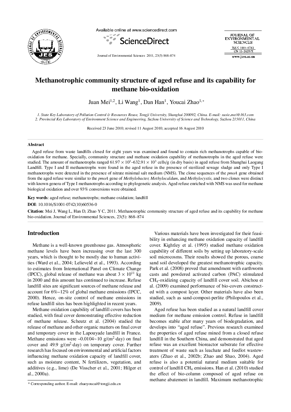 Methanotrophic community structure of aged refuse and its capability for methane bio-oxidation
